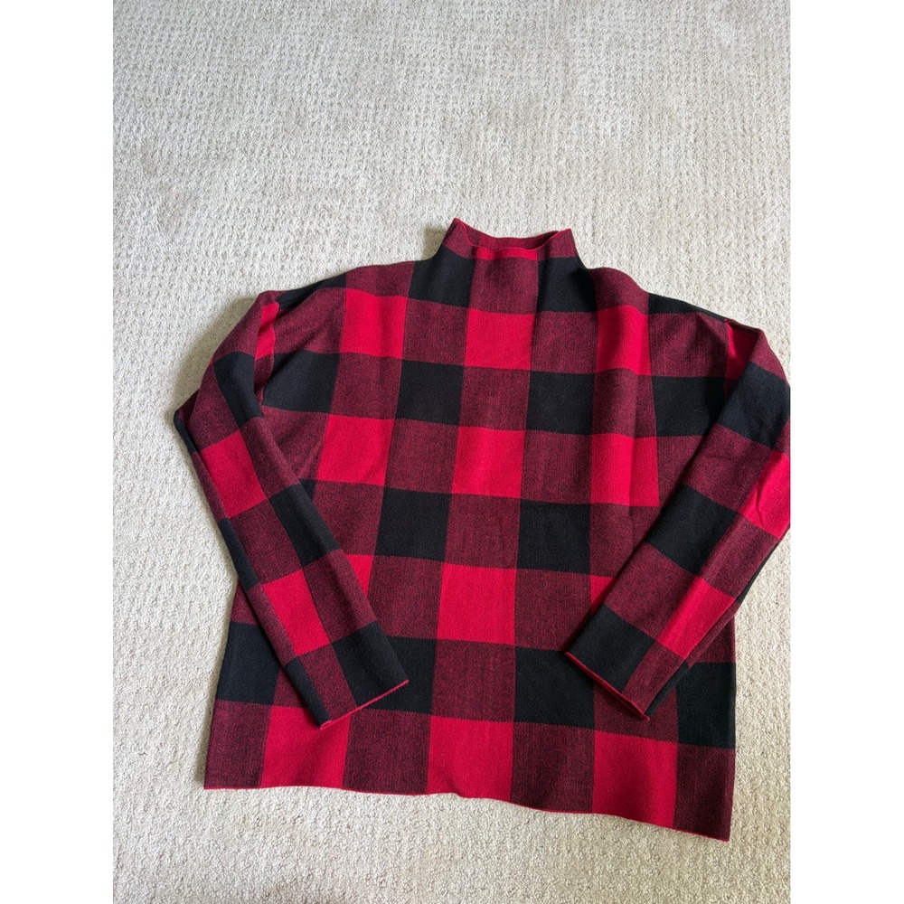 Tahari Womens Red Black Buffalo Plaid Mock‎ Neck Knit Sweater Size M Long Sleeve